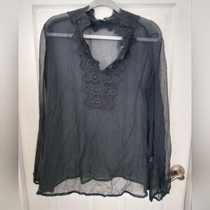 Black Silk Sheer Lace Blouse Top Whimsigoth Fairy Grunge Dark Academia Romantic